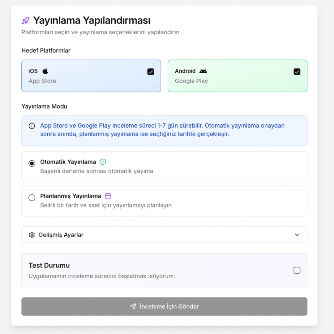 Test, Yayınlama ve Store Süreci